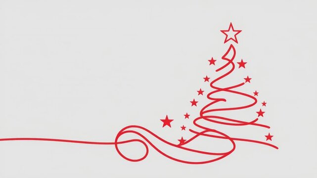 ilustraci&oacute;n minimalista de un &aacute;rbol de Navidad formado por una l&iacute;nea roja continua, coronado con una estrella y rodeado de peque&ntilde;as estrellas rojas sobre un fondo blanco limpio.
