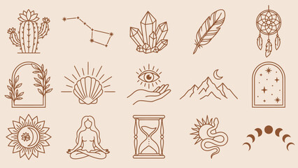 Mystical Nature Icon Set Featuring Crystals, Constellations, Cacti, and Moon Phases &ndash; Ideal for Mindfulness Branding, Spiritual Journaling, and Decorative Accents in Layouts, Campaigns, and Creative 