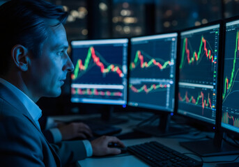 Man financial analyst working on multiple computer screens with stock market data at night. Cryptocurrency trading platform concept.