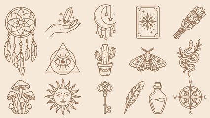Bohemian Mystical Icon Set Featuring Crystals, Tarot Cards, Dreamcatchers, and Crescent Moons &ndash; Ideal for Spiritual Branding, Journaling, and Decorative Accents in Layouts, Tattoos, and Magical 