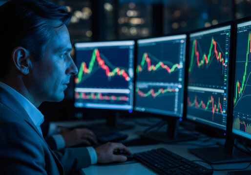Man financial analyst working on multiple computer screens with stock market data at night. Cryptocurrency trading platform concept.