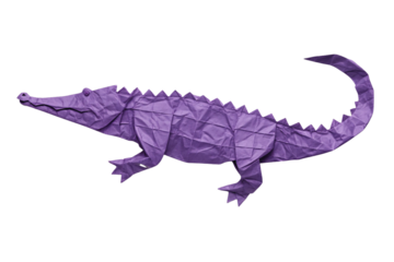 crocodile side view with purple crumpled paper texture showing spiky back, long tail and short legs, isolated on a transparent background