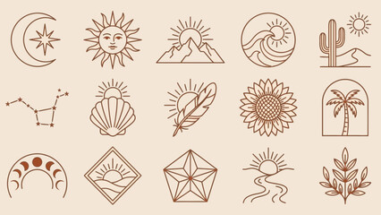 Bohemian Celestial Nature Icon Set Featuring Suns, Moons, Cacti, and Ocean Waves &ndash; Ideal for Spiritual Branding, Journaling, and Decorative Accents in Layouts, Tattoos, and Earth-Inspired Creative 
