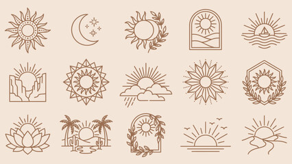 Bohemian Celestial Nature Icon Set Featuring Suns, Moons, Clouds, and Landscapes &ndash; Ideal for Spiritual Branding, Journaling, and Decorative Accents in Layouts, Campaigns, and Earth-Inspired Creative 