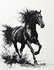 A brush-drawn ink painting of a horse in motion　筆で描いた躍動する馬の墨絵