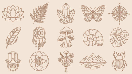 Bohemian Mystical Nature Icon Set Featuring Crystals, Mushrooms, Lotus Flowers, and Compass Roses &ndash; Ideal for Spiritual Branding, Journaling, and Decorative Accents in Layouts, Tattoos, and Artistic 