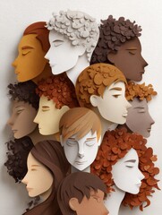 diverse papercut faces with unique hairstyles form a group on a white background symbolizing unity and togetherness