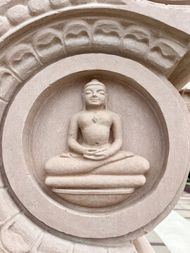 Jahazpur, Rajasthan (India): August 15, 2025 - An idol of Jain tirthankara of Swasti Dham Jain Temple