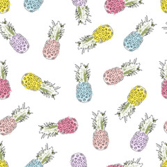 Seamless pastel pineapple pattern in hand-drawn sketch style. Ideal for summer fabrics, wrapping paper, kids fashion, stationery, branding, tropical decorations and playful creative projects.