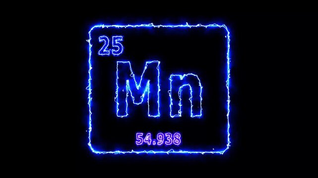 Manganese - periodic table element symbol hologram, chemical element Periodic Table, atomic weight element number ,glowing on black background in 4K.