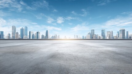 A vast concrete space extends towards a breathtaking skyline filled with tall buildings. Bright blue skies and scattered clouds enhance the urban scene in broad daylight.