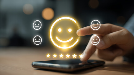 Person interacting with digital feedback icons on a smartphone screen hands