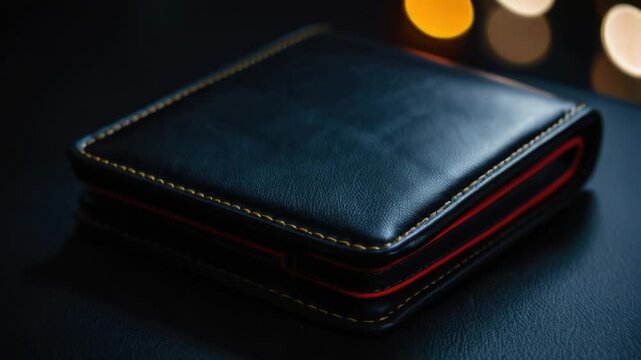 A simple black wallet resting on a table surface with no other objects in sight
