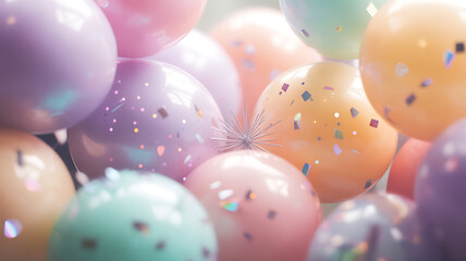 Soft focus pastel balloons with glitter sparkles creating a dreamy festive atmosphere