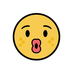 Fototapeta premium Yellow Emoji Face With A Kissing Pout And Tired Eyes Vector Art With Speckled Cheeks Isolated On Black Background With Open Mouth Showing Teeth