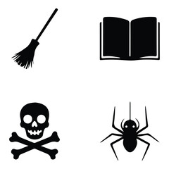 Halloween Silhouette Icon Set Witch Broom, Magic Book, Skull Bones, and Spider Vector