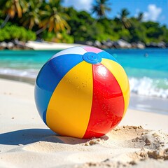 Colorful beach ball resting on a sandy shore, idyllic tropical scenery