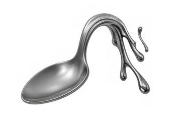 Melting silver spoon bending and dripping liquid metal, creating a surreal and abstract metallic art element with a transparent background