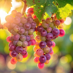 Clusters of ripe grapes on a vine, bathed in sunlight