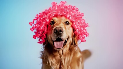 A playful dog donning a bright pink wig proudly sits in the center of the frame, perfectly embodying the concepts of cute and funny, inviting buyers to tap into the whimsical world of.