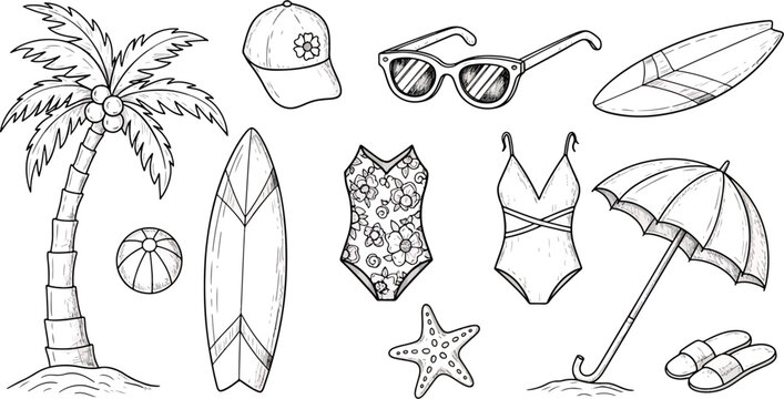 Collection of Summer Beach Vacation Elements Featuring Palm Tree, Surfboards, Swimwear, Sunglasses, Beach Ball, and Umbrella