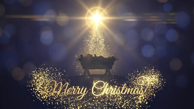 Golden star shines over a nativity manger with glowing Merry Christmas text on a bokeh blue background for holiday greetings.