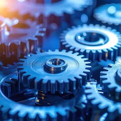 Close-up of interlocking gears, vibrant blue tones