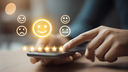 Person interacting with digital feedback interface on smartphone hands finger