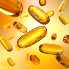 Golden pills levitating in warm light