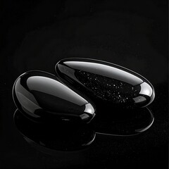 Two polished, black, teardrop-shaped objects sit on a dark surface, reflecting light