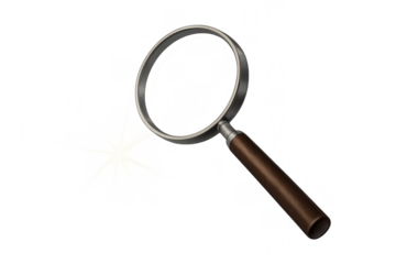 Magnifying glass finding information, searching for details, investigating clues, examining data with lens on transparent background