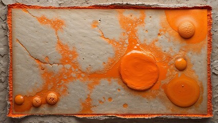 Abstract Orange Planetscape: Paint Bubbles and Rivers on Canvas Framed by Concrete Texture