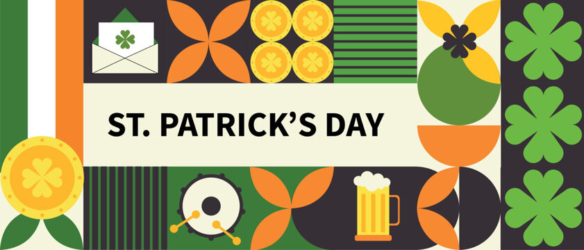 Colorful geometric St. Patrick’s Day design featuring shamrocks, coins, beer mug, Irish flag, clover leaves, and festive elements. Great for holiday promotions, greeting cards, banners.