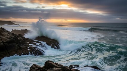 Dramatic ocean waves crashing on rocky shoreline at sunset with cloudy skies