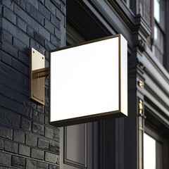 Blank square storefront sign mounted on a dark brick wall