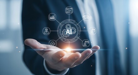 Fototapeta premium Artificial Intelligence technology concept with businessman holding AI icon. Digital automation and machine learning interface for business innovation.