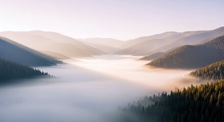 Fototapeta premium Aerial view of mountains and forest covered in thick fog during sunrise. The scene is bathed in soft, warm light.