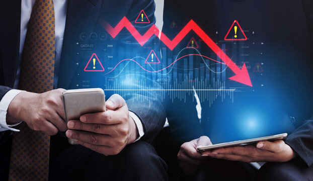 Economic caution visualized with fluctuating market graph, alert symbols, and negative data trends. Represents financial risk, market volatility, and economic uncertainty. Spline - Powered by Adobe
