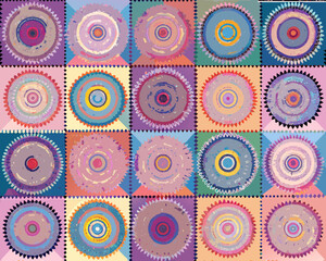 Fototapeta premium Colorful concentric circles arranged in a grid pattern creating an abstract artwork