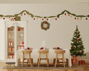 Festive dining room decorated for christmas with a tree and garland