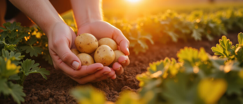 Harvesting fresh potatoes sunlit field, hands cradling golden tubers, surrounded by green foliage, evokes sense of abundance and connection to