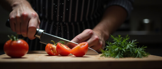 Fresh tomatoes chopping kitchen cooking culinary preparation herbs knife wooden board food ingredients healthy vibrant meal slicing chef hands