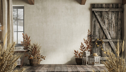 Rustic farmhouse-style background with neutral beige tones, dried leaves and wheat accents, calm grateful holiday vibe.