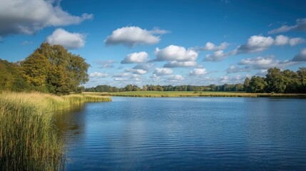 A Peaceful Riverbank Scene with Lush Greenery and Blue Sky