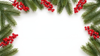 Festive christmas border with evergreen branches and bright red berries on a clean white background for text