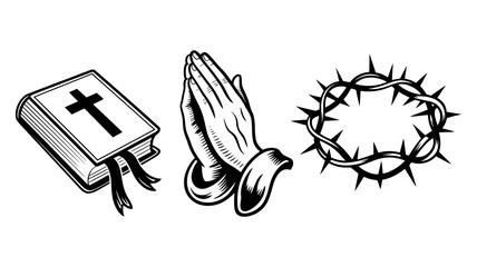 Christian symbols including a bible, praying hands, and crown of thorns, representing faith, prayer, and sacrifice, isolated on a white background.