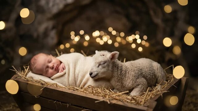 Sleeping newborn baby and lamb in manger for Christmas nativity scene. Holy night and winter holiday childhood.