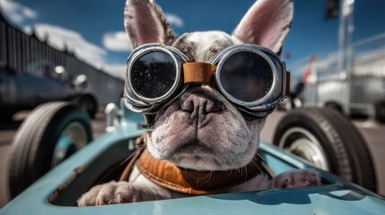 A dog adorned with stylish goggles sits confidently in a vintage race car. The scene features a bright blue sky and captures the excitement of an outdoor event.