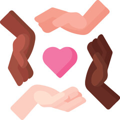 Four hands of diverse skin tones are positioned around a pink heart, symbolizing unity, love, and support.