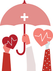 Three hands holding heart shapes with heartbeats are protected by a pink umbrella with a white plus sign, symbolizing health insurance or healthcare coverage.